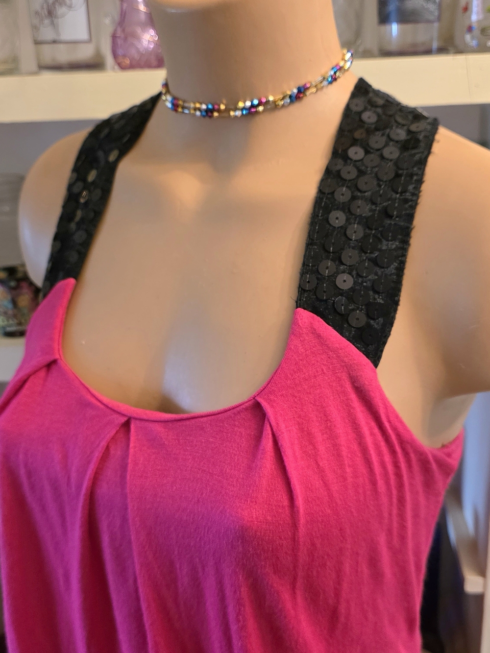 Charlotte Russe Vintage Y2K Blousen Top M Hot Pink Black Sequins *Small Flaw GUC